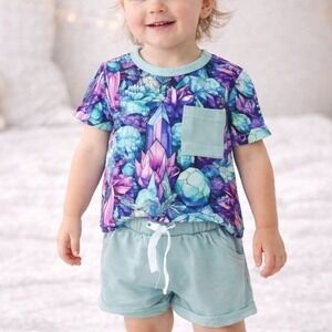 NEW Mavella Boutique Bamboo 12-18M Gems Geodes Crystals Print T-Shirt Shorts Set